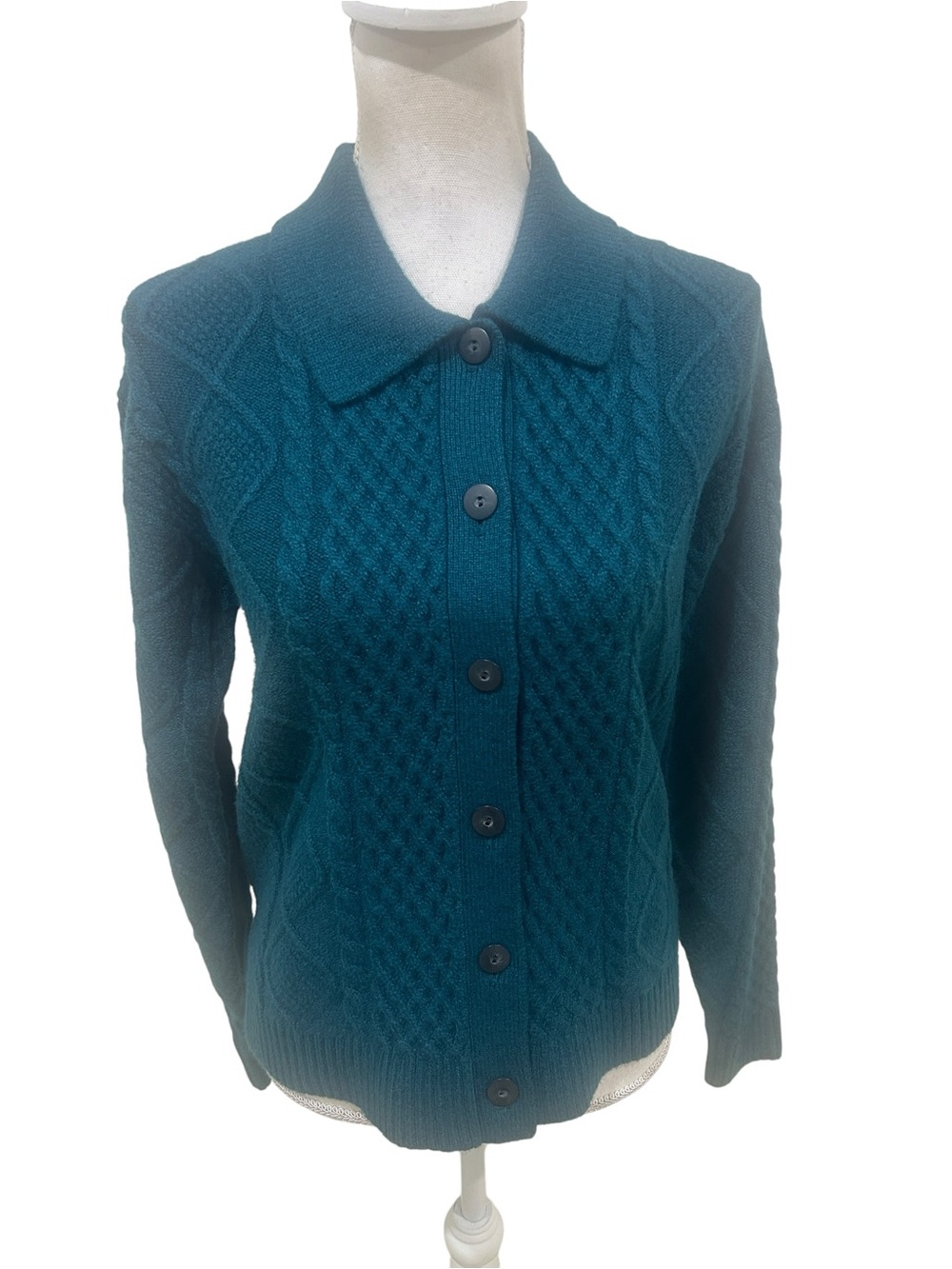 Nwot CAbi Teal classic cotton blend Cable-Knit Button Cardigan size small